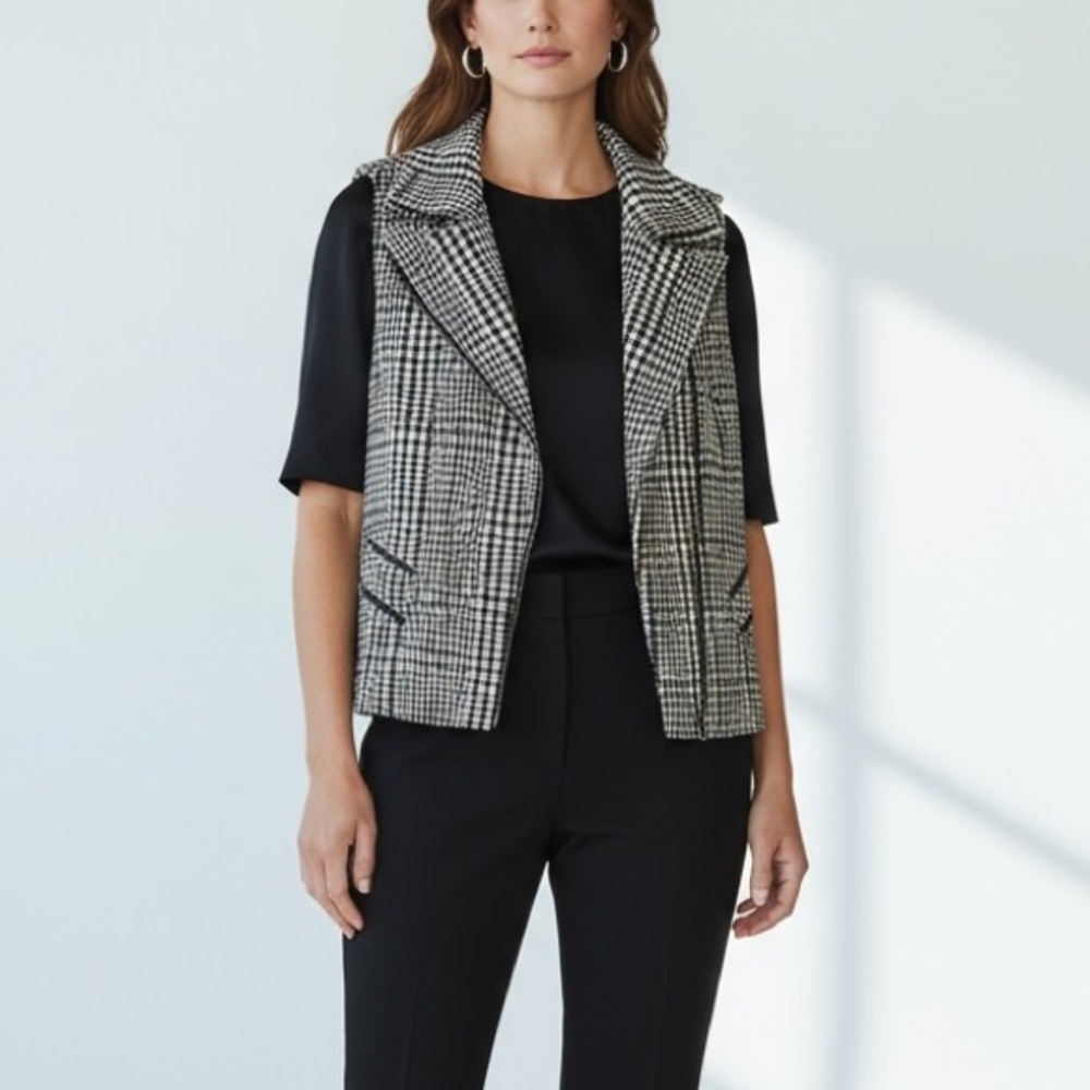 Chico’s Houndstooth Plaid Vest Notched Collar Asymmetric Zip Front Old Money XL